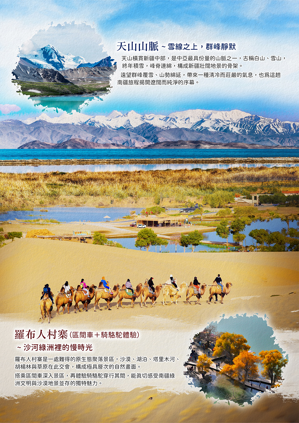 天山山脈 . 羅布人村寨 . 輪台胡楊林 . 塔里木河大橋 . 溫宿大峽谷 . 冰糖心採蘋果 . 盤龍古道 . 核桃王樹 . 塔克拉瑪幹大沙漠 . 天山大峽谷